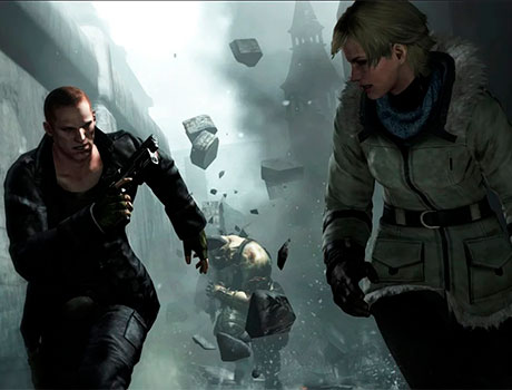 Jake Muller y Shirley Birkin huyendo de monstruo en Resident Evil 6