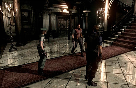 Jill Valentine, Barry Burton y Albert Wesker en la entrada principal de la Mansión Spencer en el Remake de Resident Evil 1