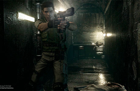 Chris Redfield apuntando su arma en el Remake de Resident Evil 1