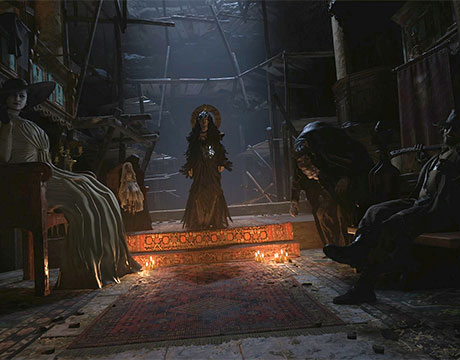 Lady Miranda con su "familia" decidiendo que hacer con el capturado Ethan Winters en Resident Evil Village