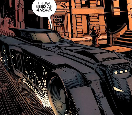 Imagen del Batmovil por una de las calles de Gotham en un cómic de Batman.