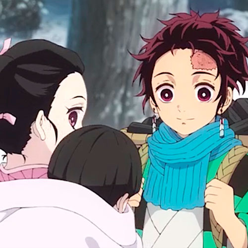 Imagen de tanjiro hablando con sus hermanos en kimetsu no yaiba.