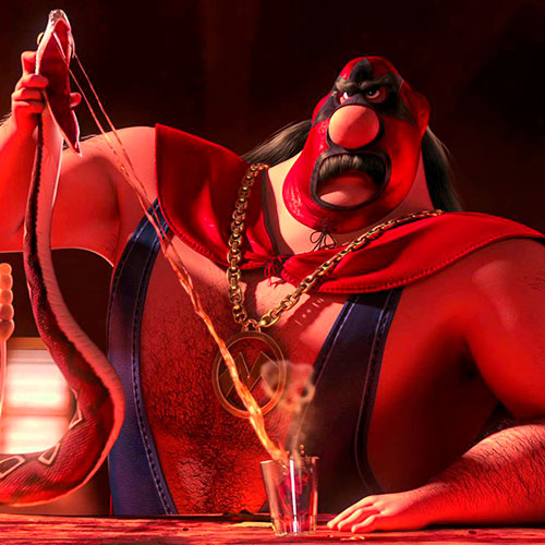 Imagen del villano el macho echando veneno de serpiente en un vaso de chupito en la película gru: mi villano favorito 2.