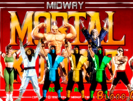 Imagen de portada del primer juego de Mortal Kombat donde aparecen varios personajes del juego.