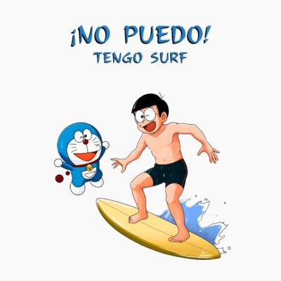 Nobita y Doraemon cabalgando las olas.