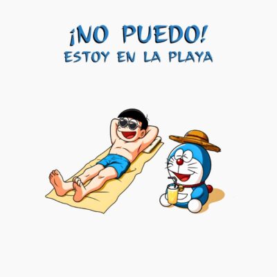 Nobita y Doraemon tomando el sol en la playa