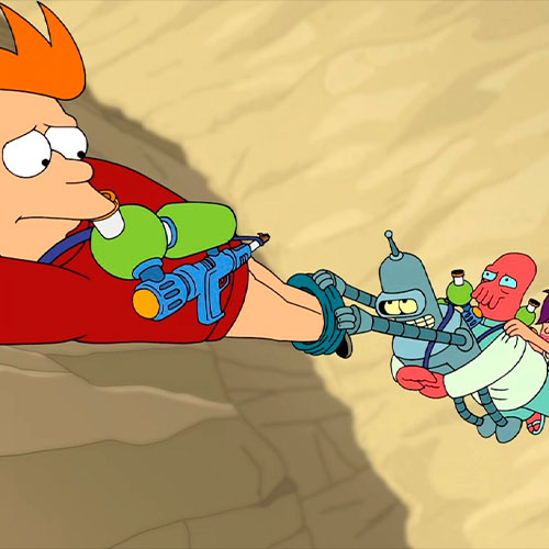 Imagen de fry colgando de un precipicio mientras bender, dr. Zoidberg y leela se sujetan de sus pantalones bajados en la serie futurama.