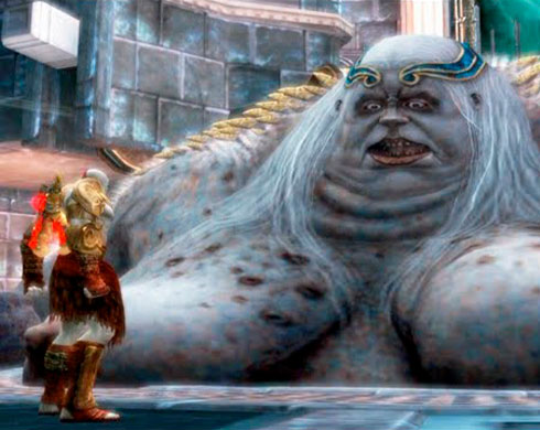 Imagen de Kratos hablando con Clotho antes de enfrentarse a ella en el juego God of War II.
