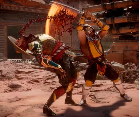 Imagen de Raiden y Scorpion enfrentándose en el juego Mortal Kombat 11.