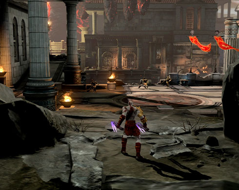 Imagen de Kratos a punto de enfrentarse a varios enemigos en el juego God of War III.