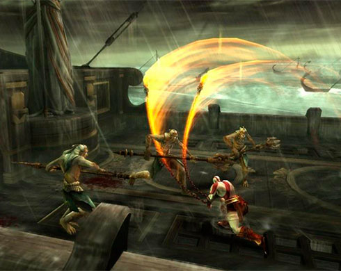 Imagen de Kratos enfrentándose a varios enemigos sobre su navío en el juego God of War: Ghost of Sparta.