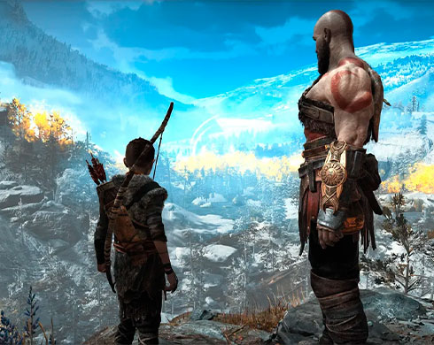 Imagen de Atreus y Kratos mirando el paisaje de Midgar en el juego God of War.