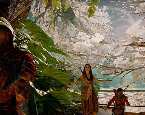 Imagen de Kratos hablando con Freya con Atreus a su lado en el juego God of War.