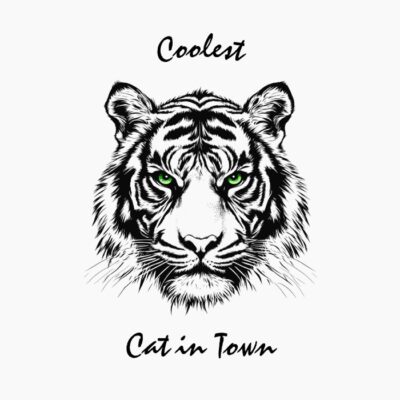 Ilustración de tigre de ojos verdes en blanco y negro, El Gato Más Genial.